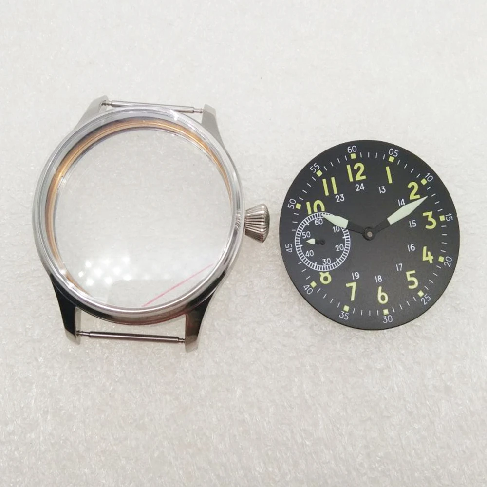 Watch Parts 43mm Watch Case+Dial+Hands green Luminous  Stainless Steel Case Fit ETA 6497 st3600 Hand Winding watch Movement