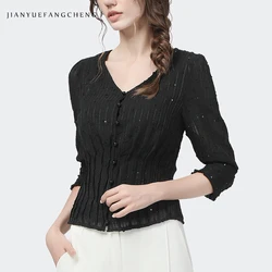 Fashion Women Summer Tops Chiffon Blouse Three Quarter Sleeve V-Neck Sequined Shirt Solid Elegant Slim Thin Waist Office Blouses