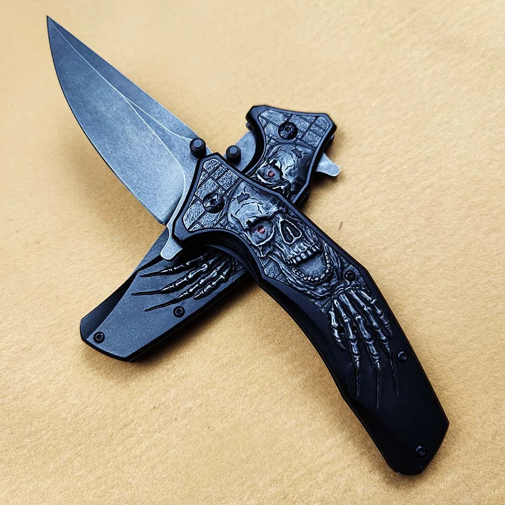 

Tactical Survival Collection Skull Engrave Fold Blade Knife, Military Punk Utility Knifes