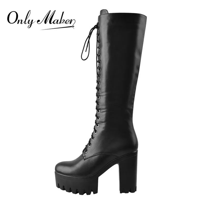 Onlymaker Women  Platform Black Matte Front Lace-Up Side Zip Knee High Boots Big Size Lady Fashion Classic Long Boots