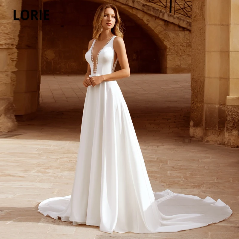 LORIE Vintage Wedding Dress O-Neck A-Line Elastic Chiffon Simple Long Train Beach Wedding Bride Gown White ivory Suknia ślubna