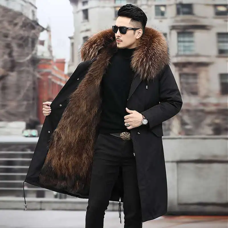 HANZANGL Men's Pie Overcoming Detachable Liner 2023 Winter New Haining Fur Coat Long Outerwear For Men Plus Size M-5XL