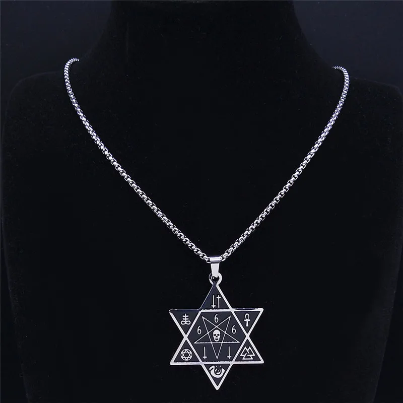 666 szatan czaszka heksagram naszyjniki ze stali nierdzewnej czarny srebrny kolor odwrócony Pentagram naszyjnik biżuteria bijoux N2748S03