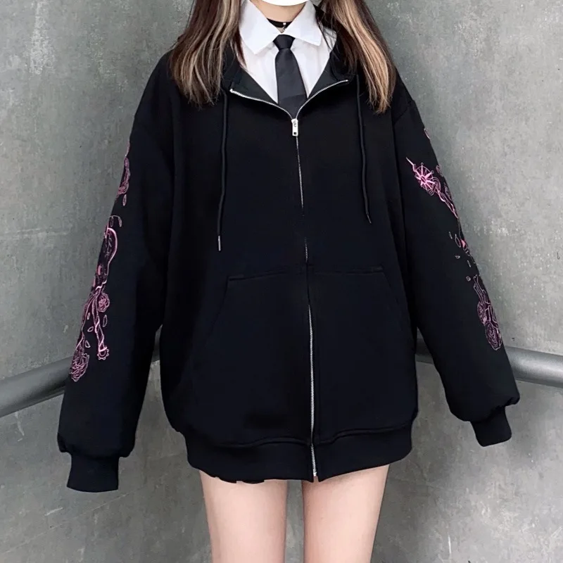 Punk Women\'s Zip-Up Hoodie Gothic Grunge Graphic Embroidery Japanese Preppy Style Long Sleeve y2k Harajuku Oversized Outerweaer