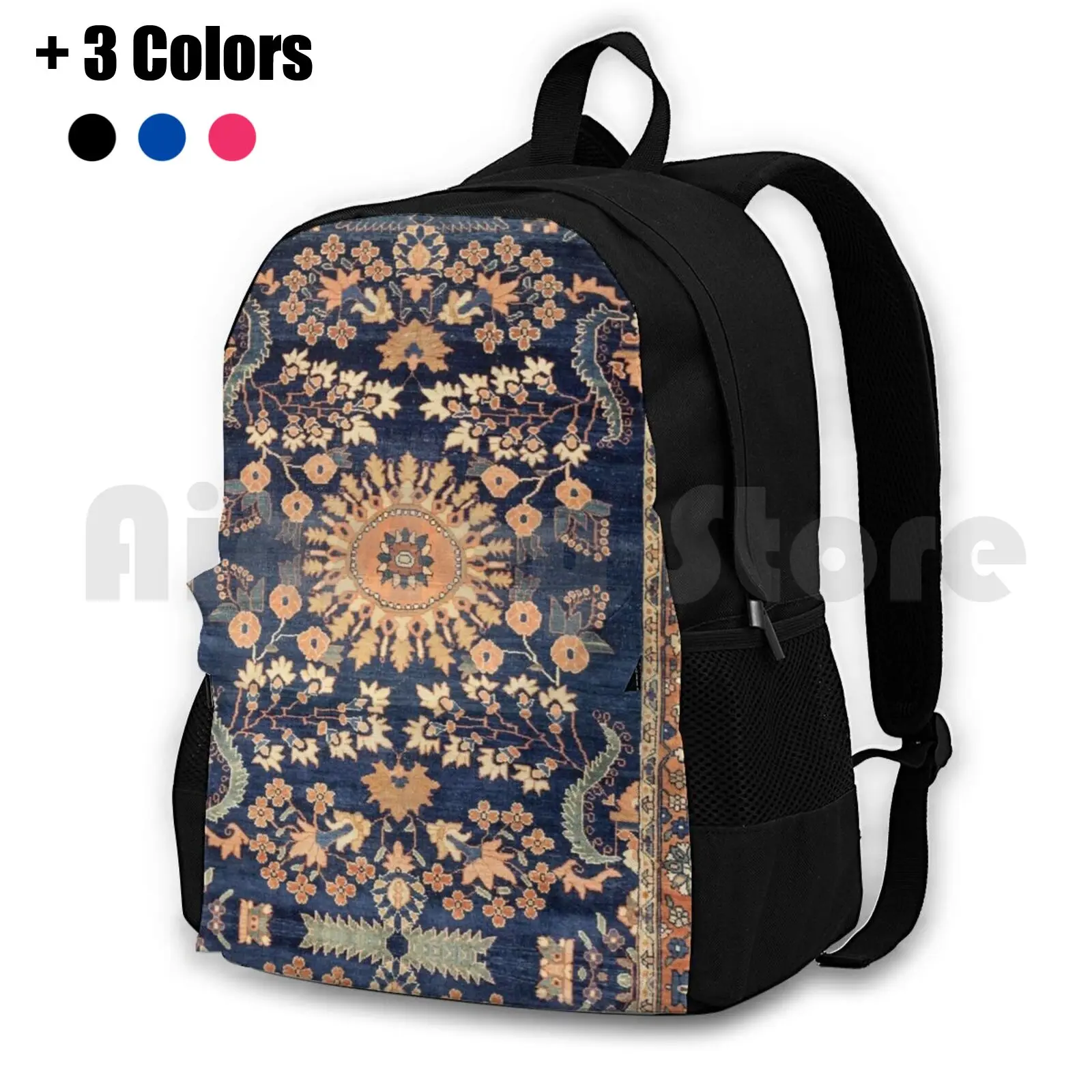 Sarouk Persian Floral Rug Print Outdoor Hiking Backpack Waterproof Camping Travel Vintage Vintage Rug Carpet Persian Tribal