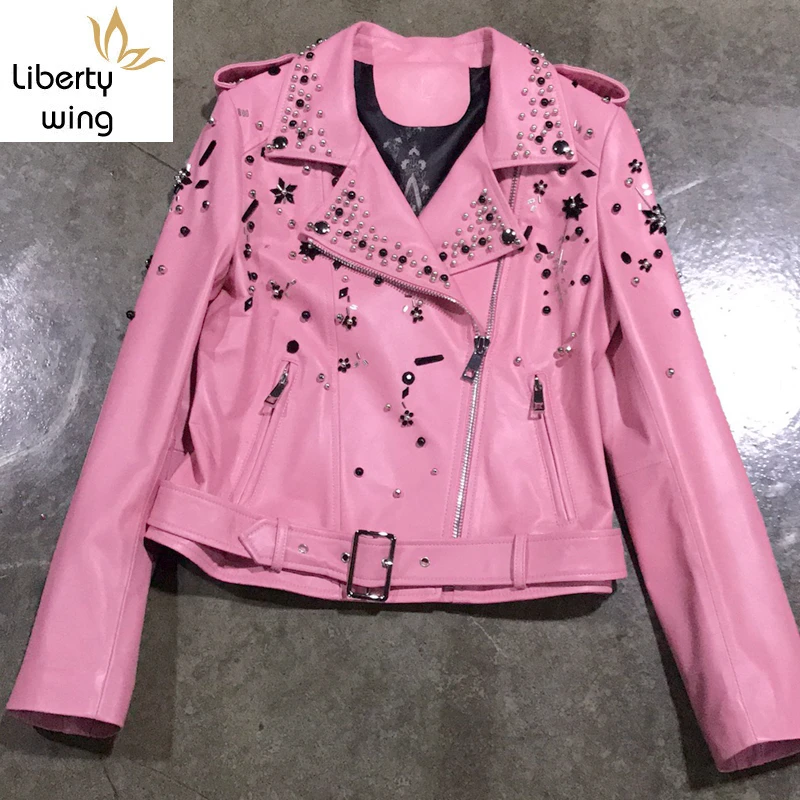 

New Heavy Work Beading Diamonds Genuine Leather Women Jackets Luxury Sheepskin Motobiker Slim Fit Female Outerwear Short Coats