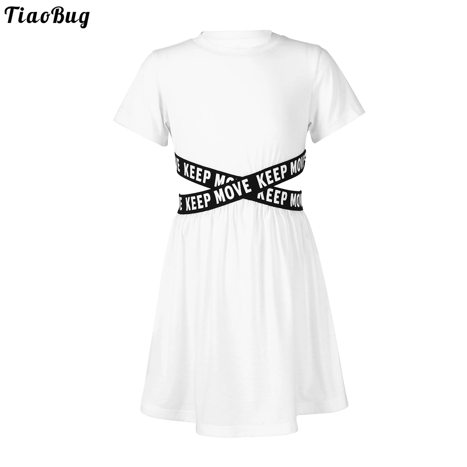 TiaoBug Summer Kid Girls Sport Dance Dress O-Neck Short Sleeves Letters Print Webbing Straps Hollow Out Waist Knee Length Dress