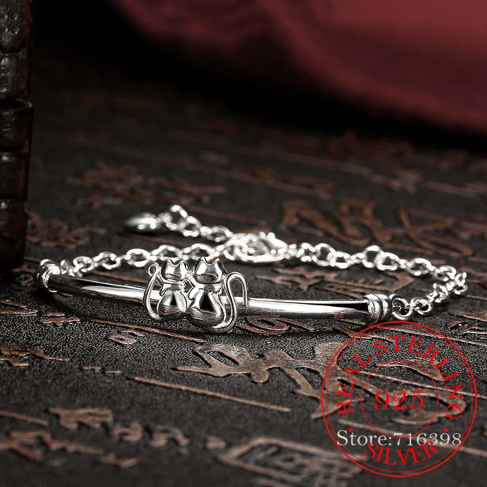Hot Sale Fine Jewelry Gift 100% 925 Sterling Silver Cute Couple Cat Chains Bracelet & Bangle for Women Men Pulseiras De Prata