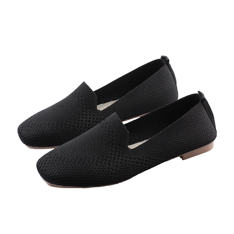 Spring 2021 New Ballet Flat Shoes Ladies Square Toe Knitted Fabric Loafers Breathable Flat Heel Driving Shoes Driving Sneakers