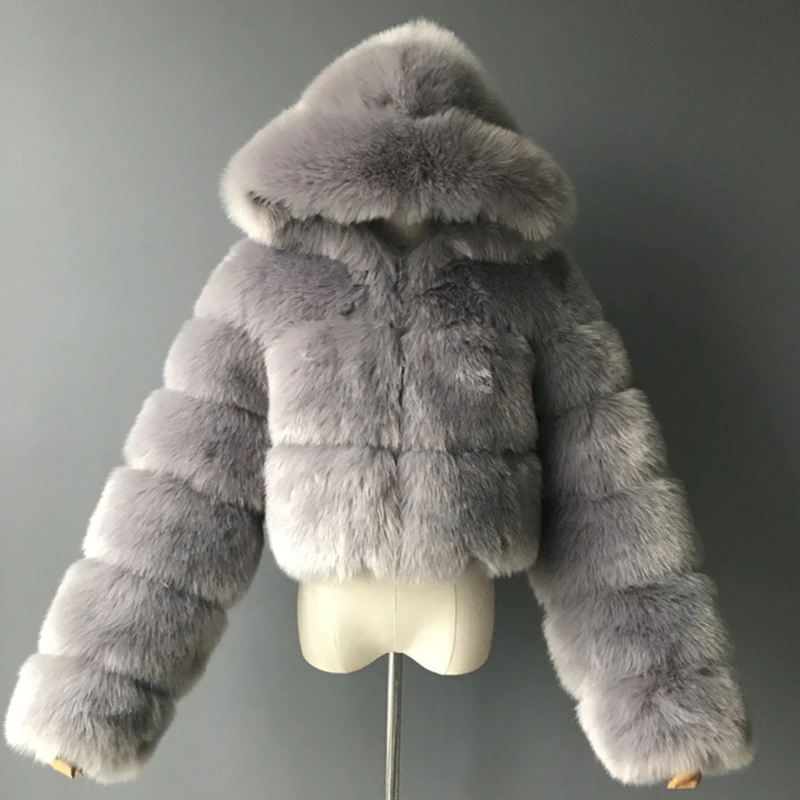 Women Winter Fluffy Furry Long Sleeve Jacket Hooded Full Zipper Solid Color Cropped Short Coat Luxury Warm Outwear S-2XL