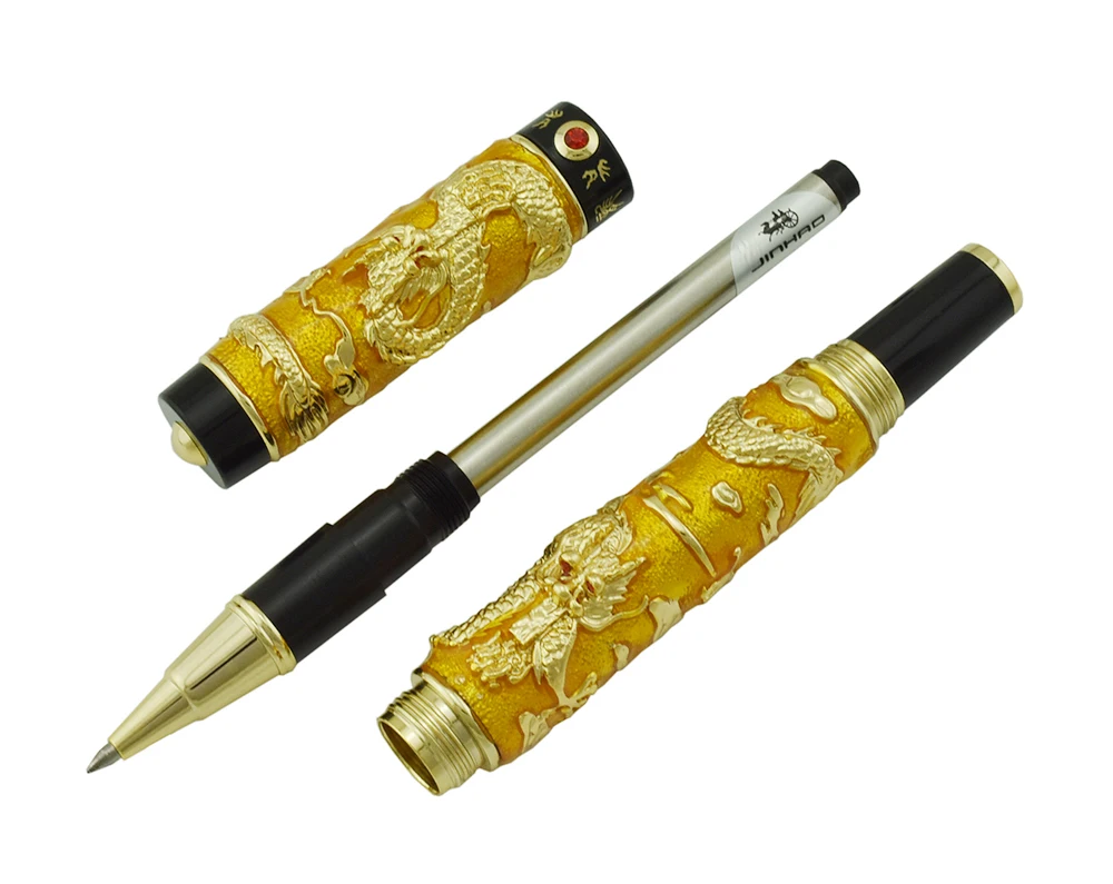 Jinhao Gold Cloisonne 더블 드래곤 롤러볼 펜, 부드러운 잉크 리필, 고급 공예 필기 선물 펜, 비즈니스, 대학원용