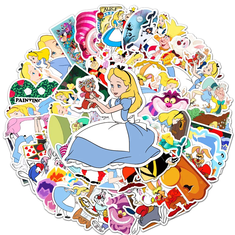 Autocollants de dessin animé Disney film Alice au pays des merveilles, étiquette étanche pour bagages guitare réfrigérateur ordinateur portable