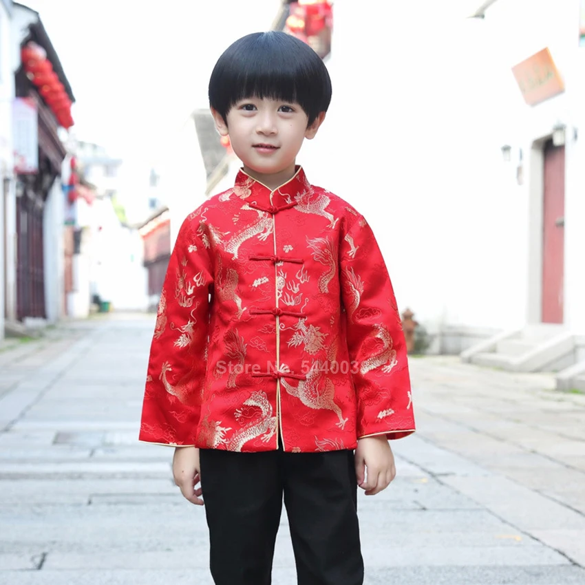 Chinese New Year Jacket Dragon Print Boys Traditional Vintage Tang Suit Kids Satin Kungfu Shirt Full Sleeve Hanfu Clothing