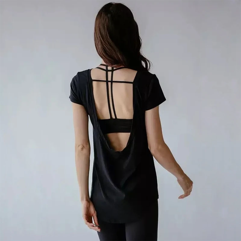 LUKITAS Female Sport Shirt Open Back Solid Yoga Short Fitness Woman Running Gym Shirt Gym Women Sweatshirt Workout Top