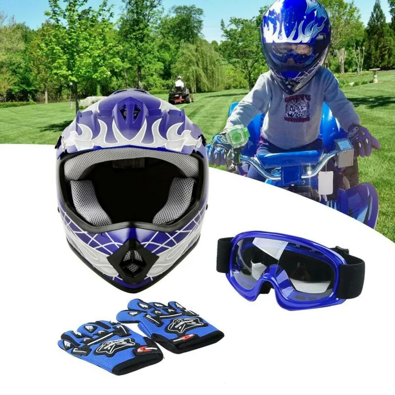 

Dot Youth Kids Blue Dirt Bike Helmet Motocross Quards ATV Helmet Goggles+Gloves capacete moto Boys Gifts full face kask