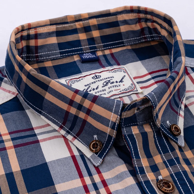 England Style Contrast Casual Checkered Shirts Pocketless Button-down Soft 100% Cotton Long Sleeve Standard-fit Plaid Shirt