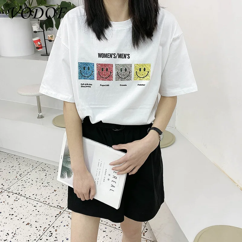 

VODOF Smiley Print T-shirt Women Short Sleeve Loose 100% Cotton tees 2021 Female Basic Tops Shirt Spring Summer Ladies Tees