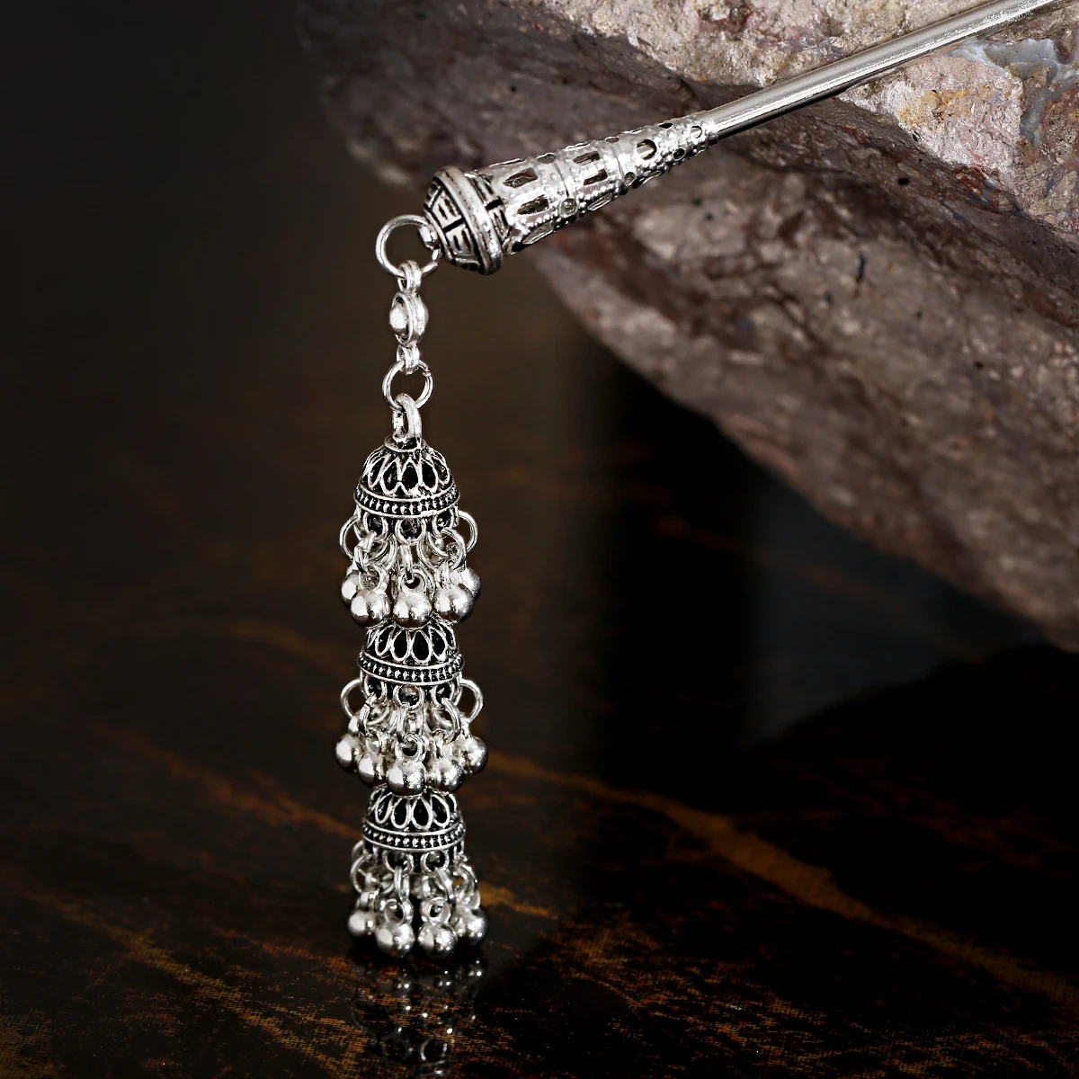 Ethnic Bells Jhumka Indian Earring Hairpins Set for Women Fashion Silver Color Long Tassel Hair Sticks Girl Gypsy Hair Jewelry