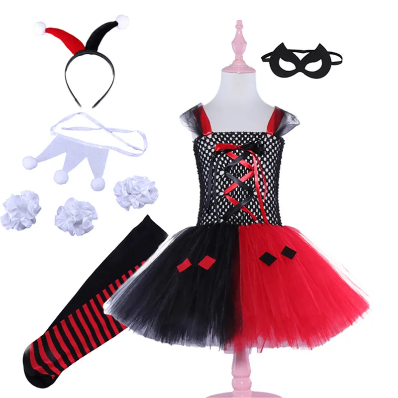 Meninas festa tutu vestido fantasia princesa traje de verão cosplay harley quinn vestidos para meninas vestido de fadas com acessórios