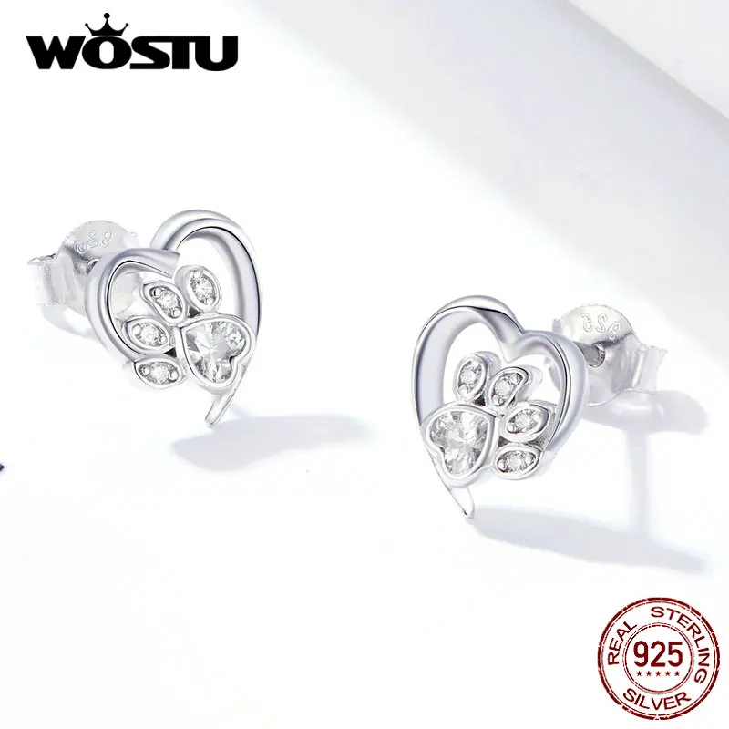 WOSTU 925 Sterling Silver Paw Dog Footprint Heart Stud Earrings For Women Stylish Zircon Lovely Small Earrings Jewelry CQE654-WH