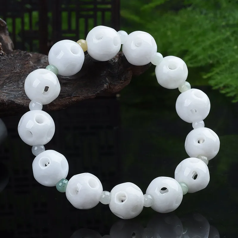 Natural Myanmar jadeite handcarved hollow out beads bracelets beads for couples woman men beads bracelet with jade bracelet