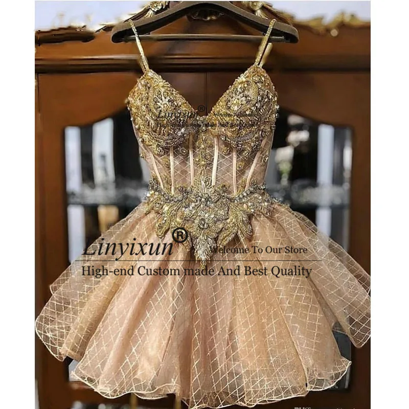 2021 champagne frisado cristais vestidos de baile espaguete uma linha rendas formatura vestido curto sexy coquetel vestidos