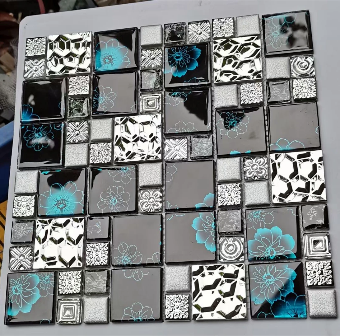 NEW Silver Metal Blue Flower Glass Mosaic Tiles, 11PCS, Kitchen Backsplash Living Room Fireplace Wall Brick Decoration Tiles