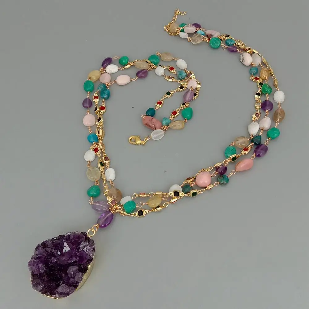 Y·YING Natural Multi Semiprecious Quartzs Rosary Chain Necklace Amethysts Druzy Pendant 23\