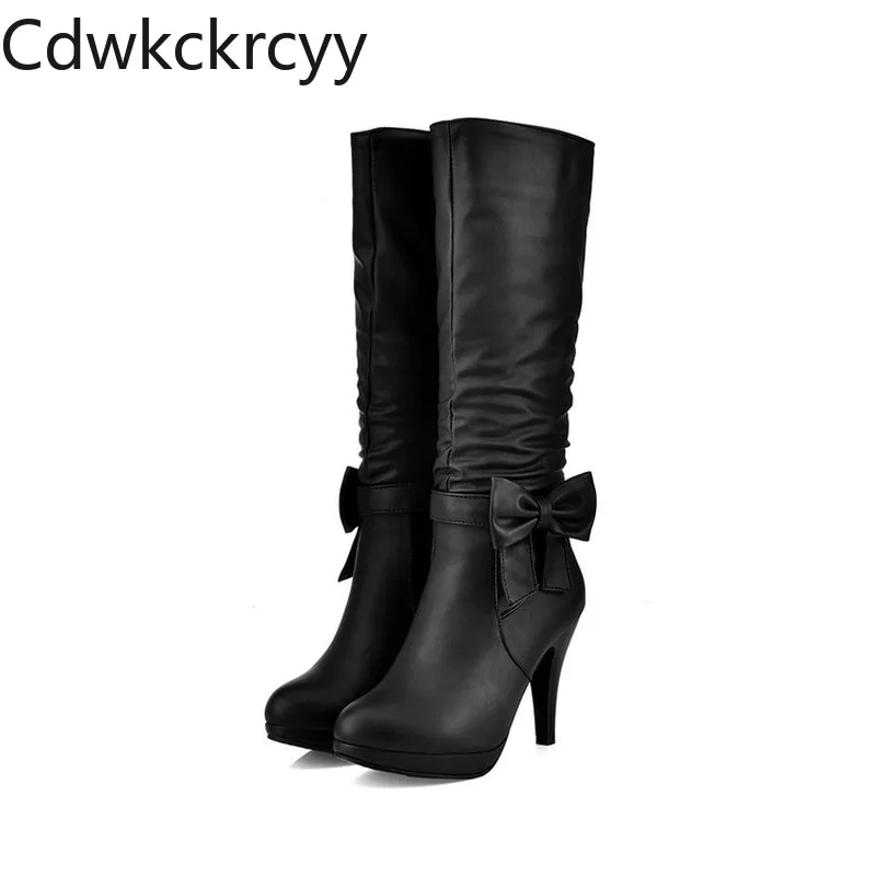winter The New fashion Round head Thick heel 10CM Knight boots white sweet Bow Plus velvet Keep warm High heel Women boots 34-43