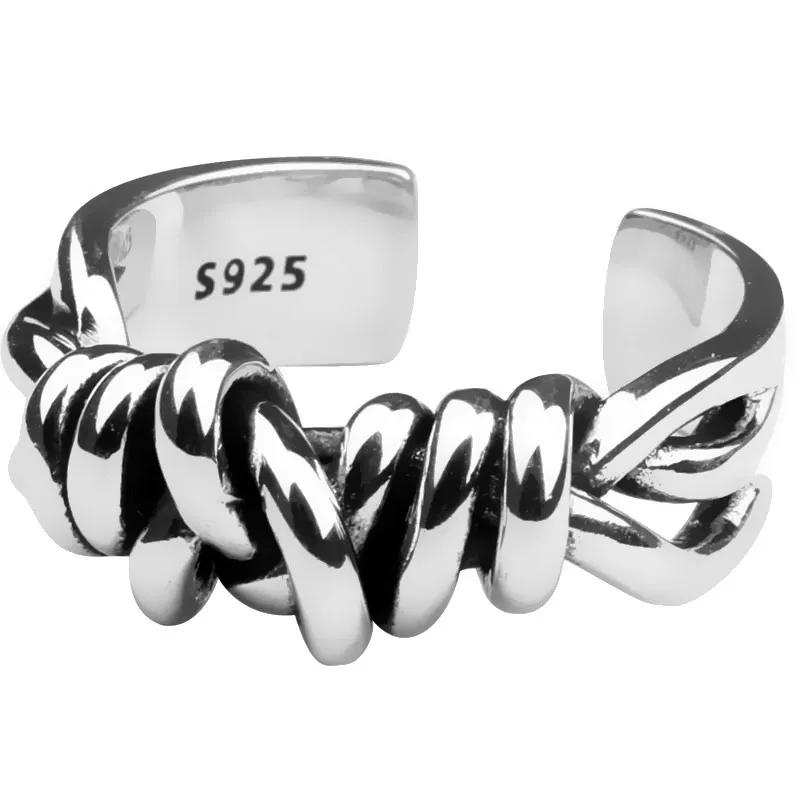 Foxanry Silver Color Vintage Woven Winding Rings for Women Line Knotted Opening Thai Silver Finger Ring Jewelry Creative