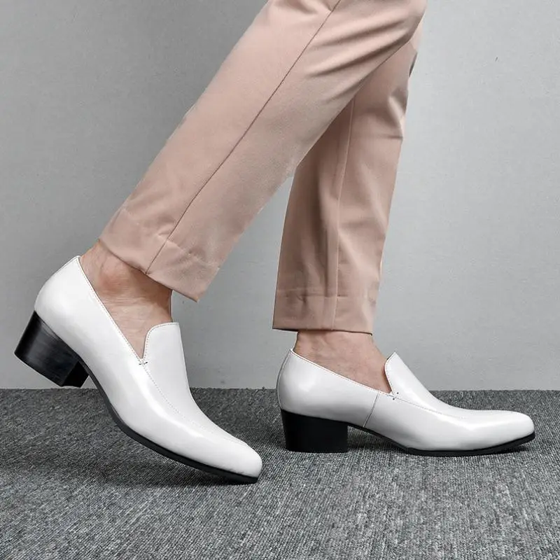 Mens High Heel Men Shoes Black White Genuine Leather Wedding Dress Shoes Pointed Toe Slip On Business Office Work Heighten Shoes