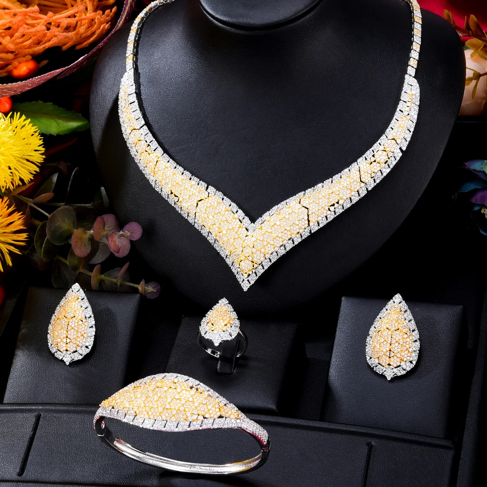 

Siscathy Indian Arab Bride Wedding Jewelry Set For Women Fashion Gold Color Zircon Necklace Earrings Party Accessories 4pcs/set