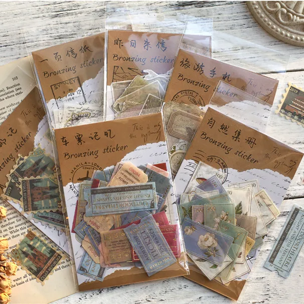 40pcs/pack Vintage stamp Series Decorative Stickers Scrapbooking Stick Label Diary Album Stationery Retro Stamp Plant Sticker