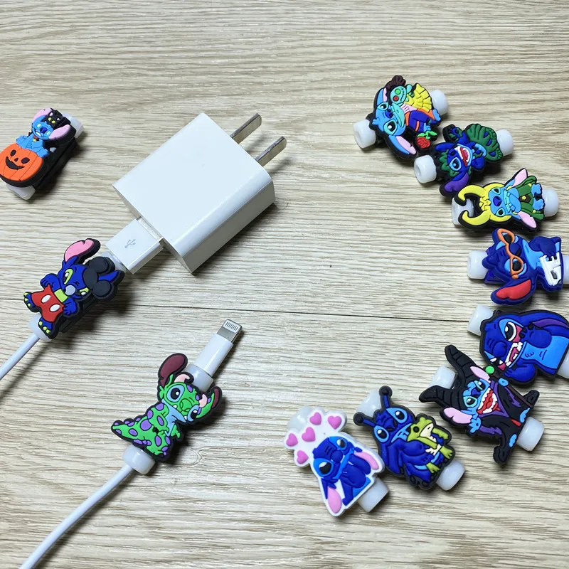 100 sztuk/partia Disney Stitch kabel USB Protector linia danych przewód Protector kabel Winder pokrywa dla iPad iPhone Android kabel ładowania