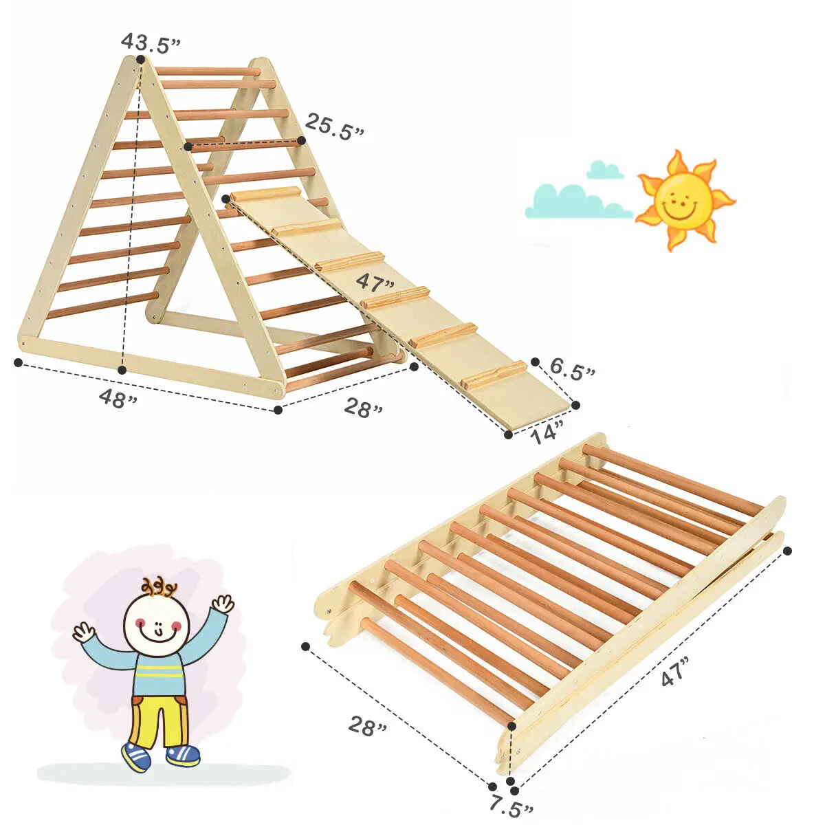 Triangle d'escalade pliable en bois pour l'intérieur, maison d'escalade avec échelle pour bébé en bas âge TY327400NA