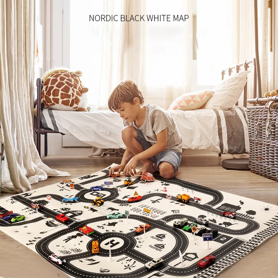 130*100 Nordic Black White Map Baby Play Mat Foldable Children Paper Road Carpet Kids Surface Activity Bedroom Rug Baby Floor