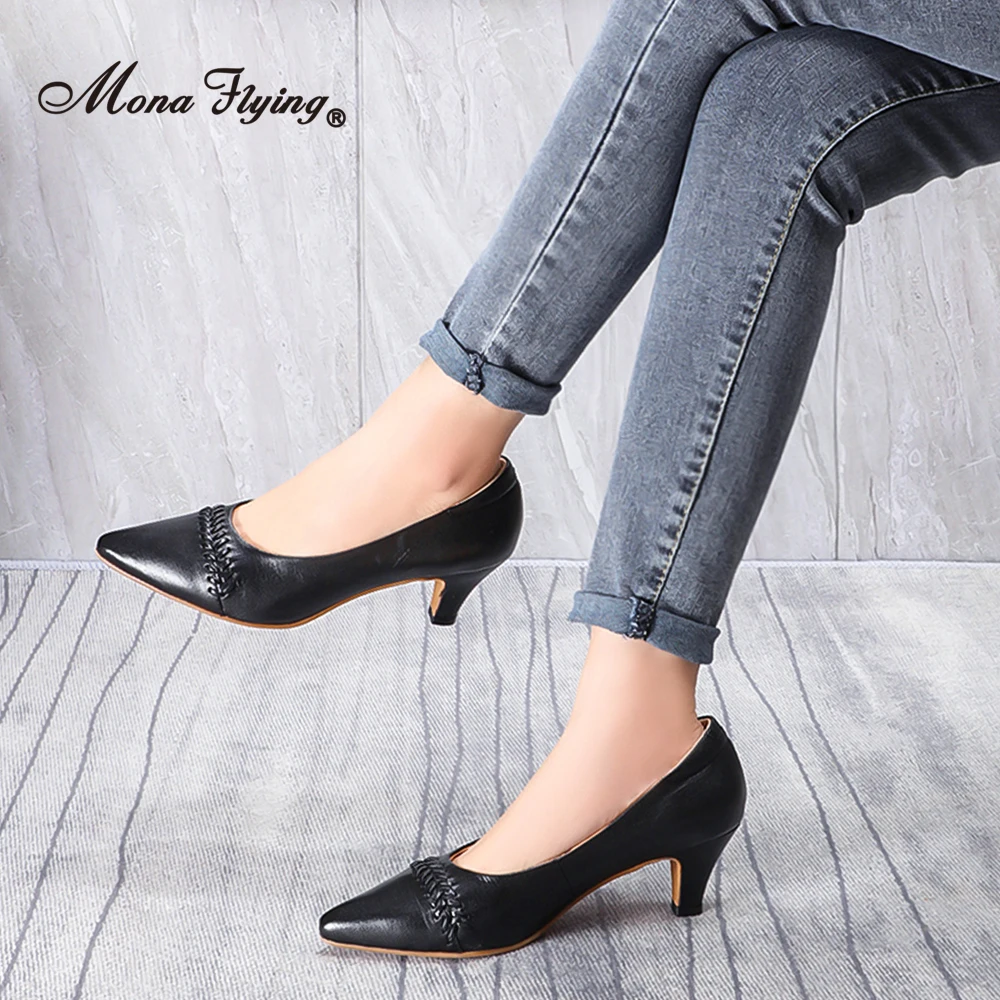 Mona Flying Women 5cm Gatinho Tacco Punta a punta Abito Pompa Fatta a mano in vera pelle Ufficio Tacchi alti Scarpe da lavoro da donna 2588-26