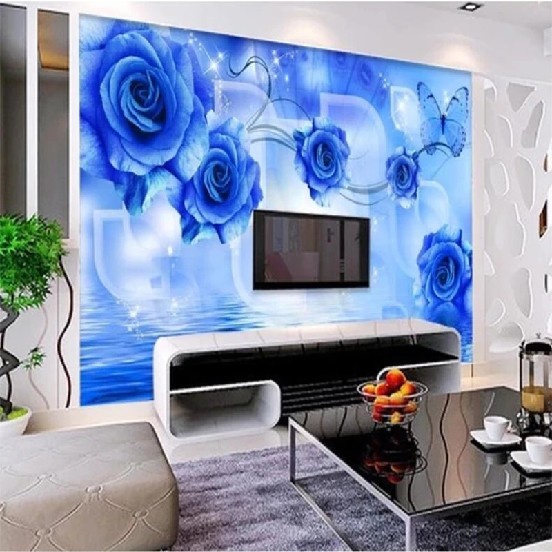 Customized large murals fashion home decoration blue enchantress rose reflection 3D TV background wallpaper papel de parede