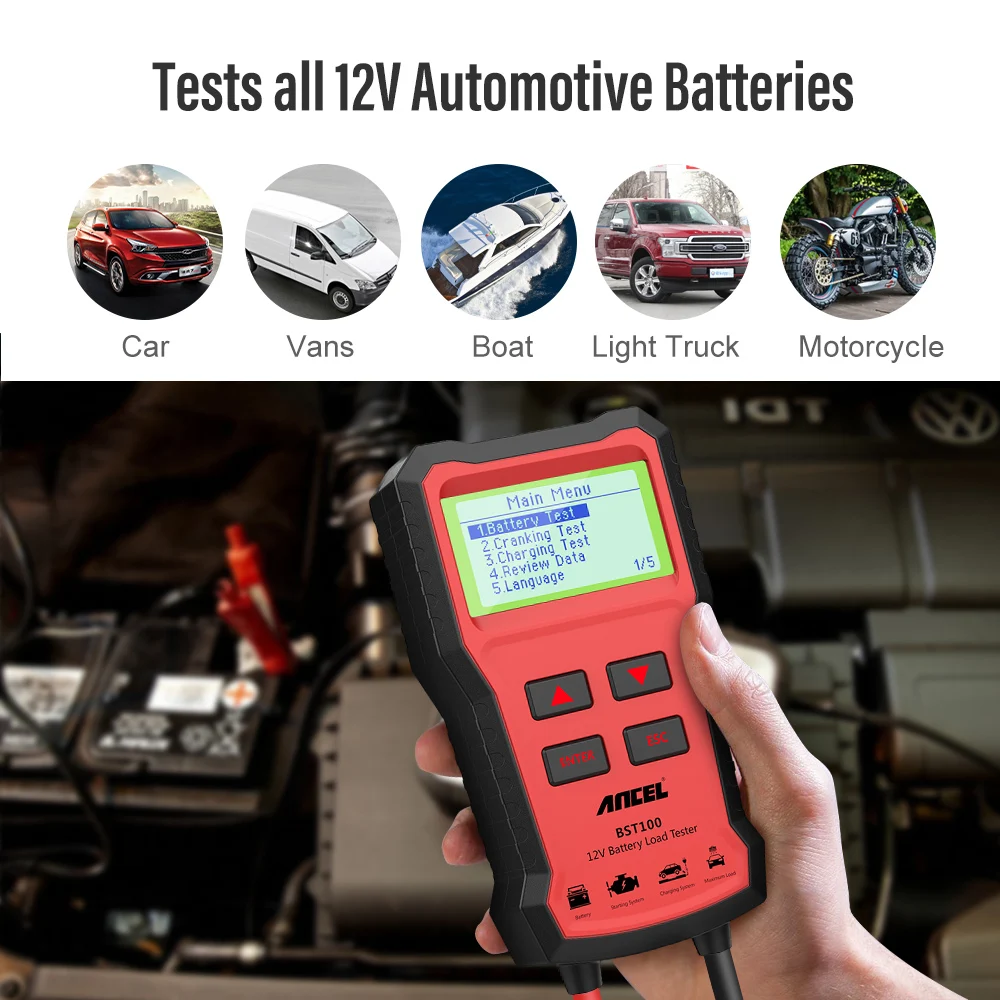 ANCEL BST100 Car Battery Tester 12V 220Ah 2000CCA Multilingual Battery Test Tool for the Car Cranking Charging Test PK BM550