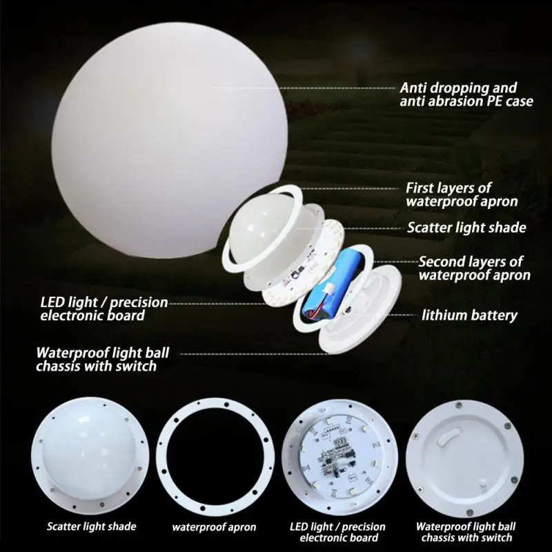 Recarregável ao ar livre LED Luminous Ball Light, 16 cores, iluminação, jardim, piscina, caminho, pátio, impermeável Lawn Lamp