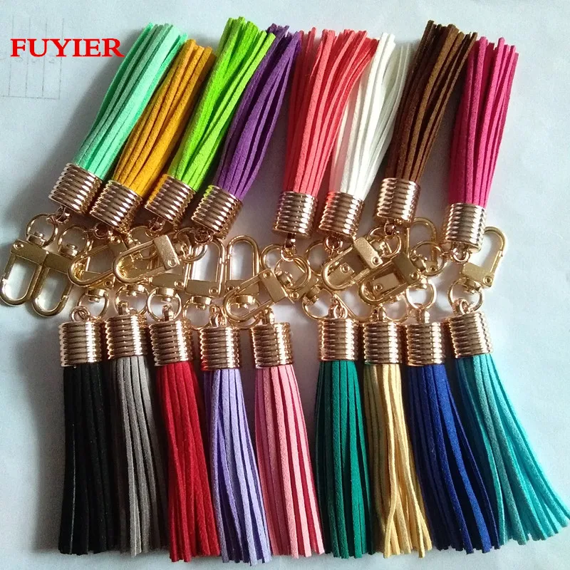 39 Color Fashion KC Gold Leather Key Chain Long Suede Tassel Key chain  Korea Style Lobster Clasp Tassel Bag Charms 18 Colors