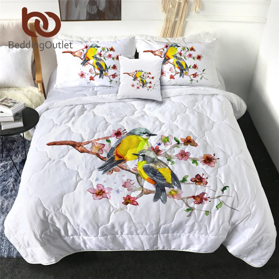 

BeddingOutlet Birds Summer Quilt Set Branches Cool Blanket Watercolor Floral Comforter Cover Vintage Antique Bed Set Dropship