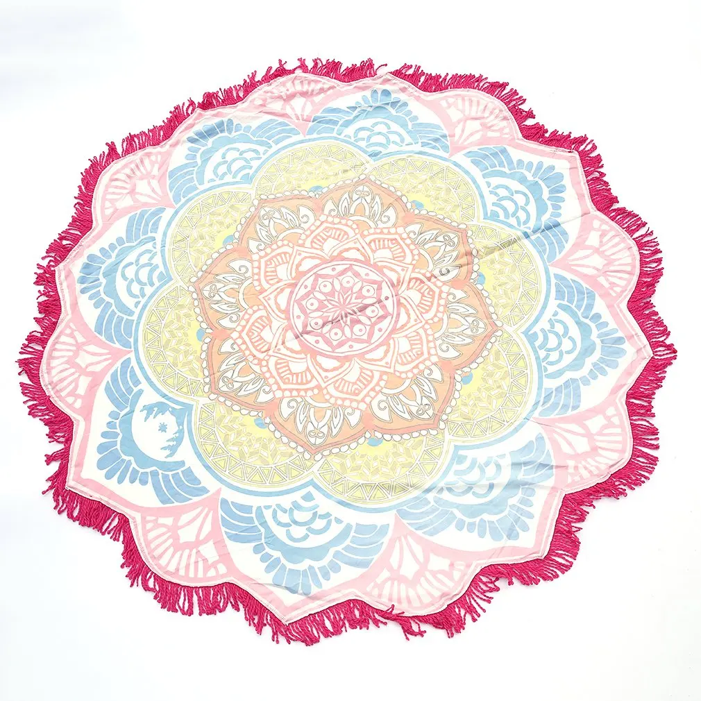 Yoga Mat Round Towel Tapestry Tassel Decor With Flowers Pattern Circular Tablecloth  Picnic Mat