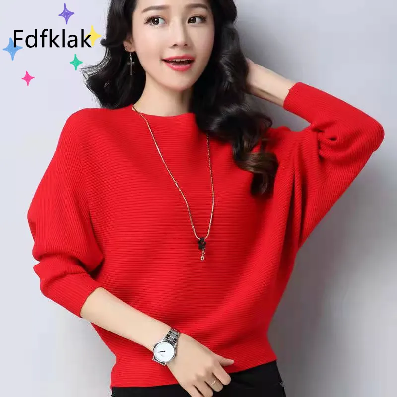 

Fdfklak Spring Autumn New One Neck Sweater Women Bat Shirt Base Coat Solid Color Knitting Pullover All-Match Long-Sleeved Top