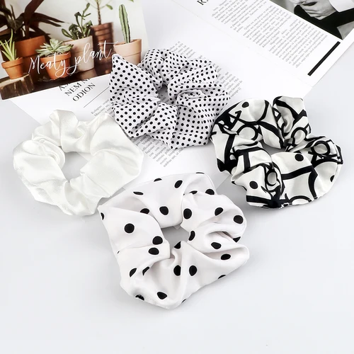 Imagen 2 del producto 3-5 unids/lote de accesorios de bandas para el cabello en blanco y negro para mujer, gomas para el cabello grandes de satén con estampado elegante para niña, tocados de moda, soporte para cola de caballo