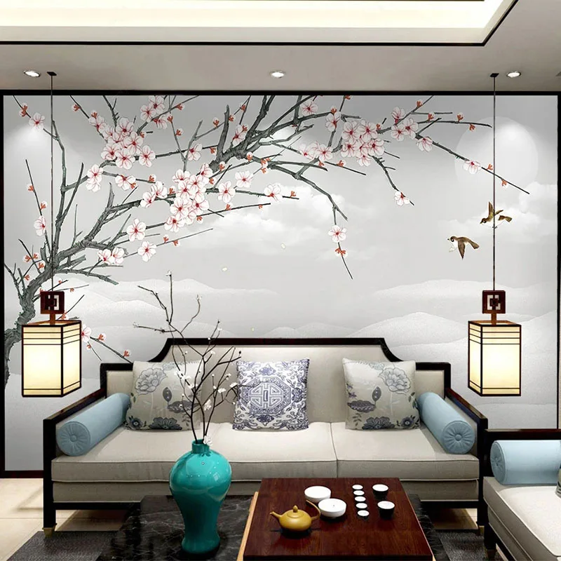 Custom 3D Wallpaper New Chinese Style Plum Blossom Flower And Bird Landscape Backdrop Wall Decoration Painting Home Decor Mural