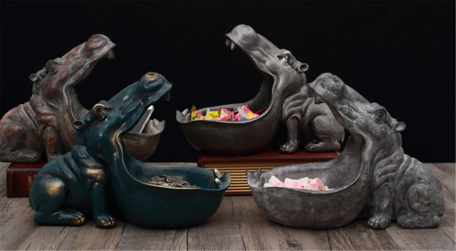 Abstract Hippopotamus Statue With Storage Funcion Resin Artware Sculpture Ornament For Desk Home Decoration Accessories