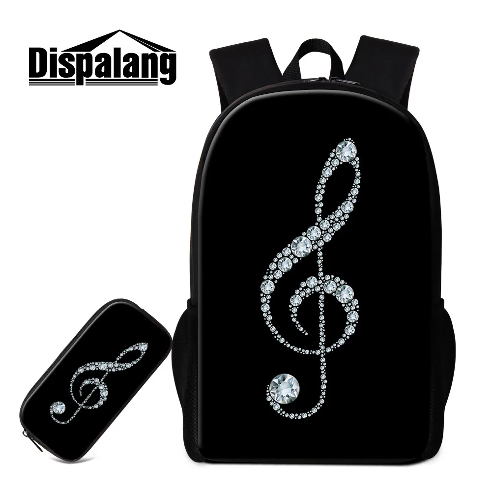 2-Piece School Backpack Set for Teenage Girls with Pencil Case, Musical Note Heat Transfer Printing, Durable Polyester Bookbag
