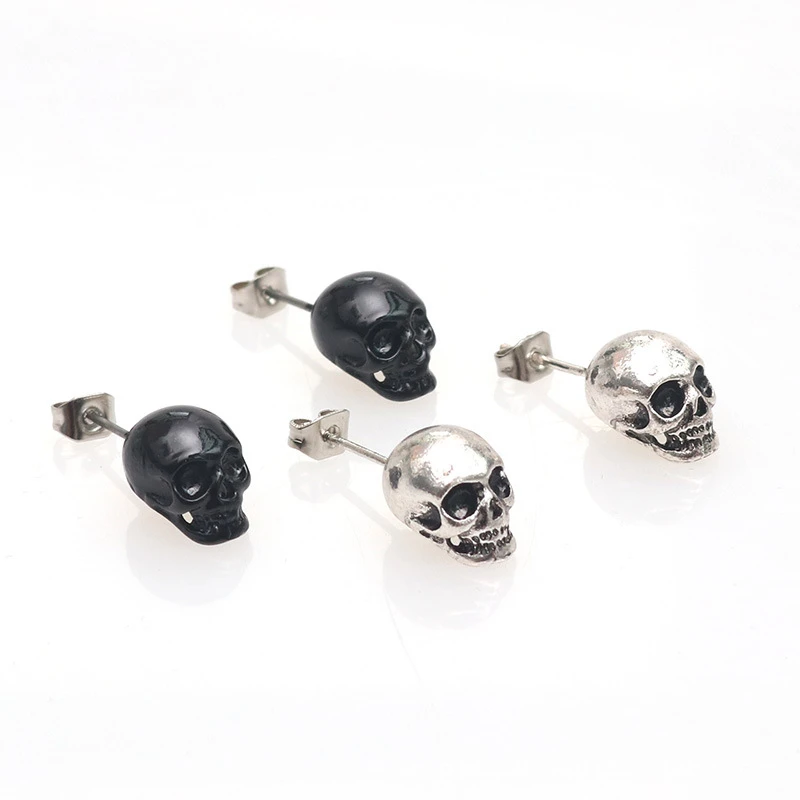 New Fashion Stud Earrings For Women Men Jewelry Halloween Ear Post Stud Earrings Antique Silver Color Black Skull Jewelry 1 Pair