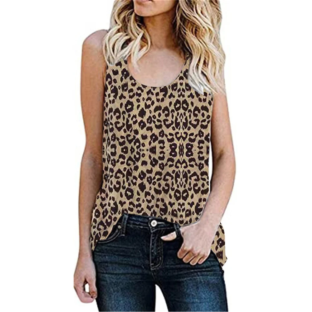 2021 Summer Women's Leisure Sleeveless Vest Round Collar Leopard Flowers Burnt-Out T-Shirt Frock Fashion Loose Street Style Tee